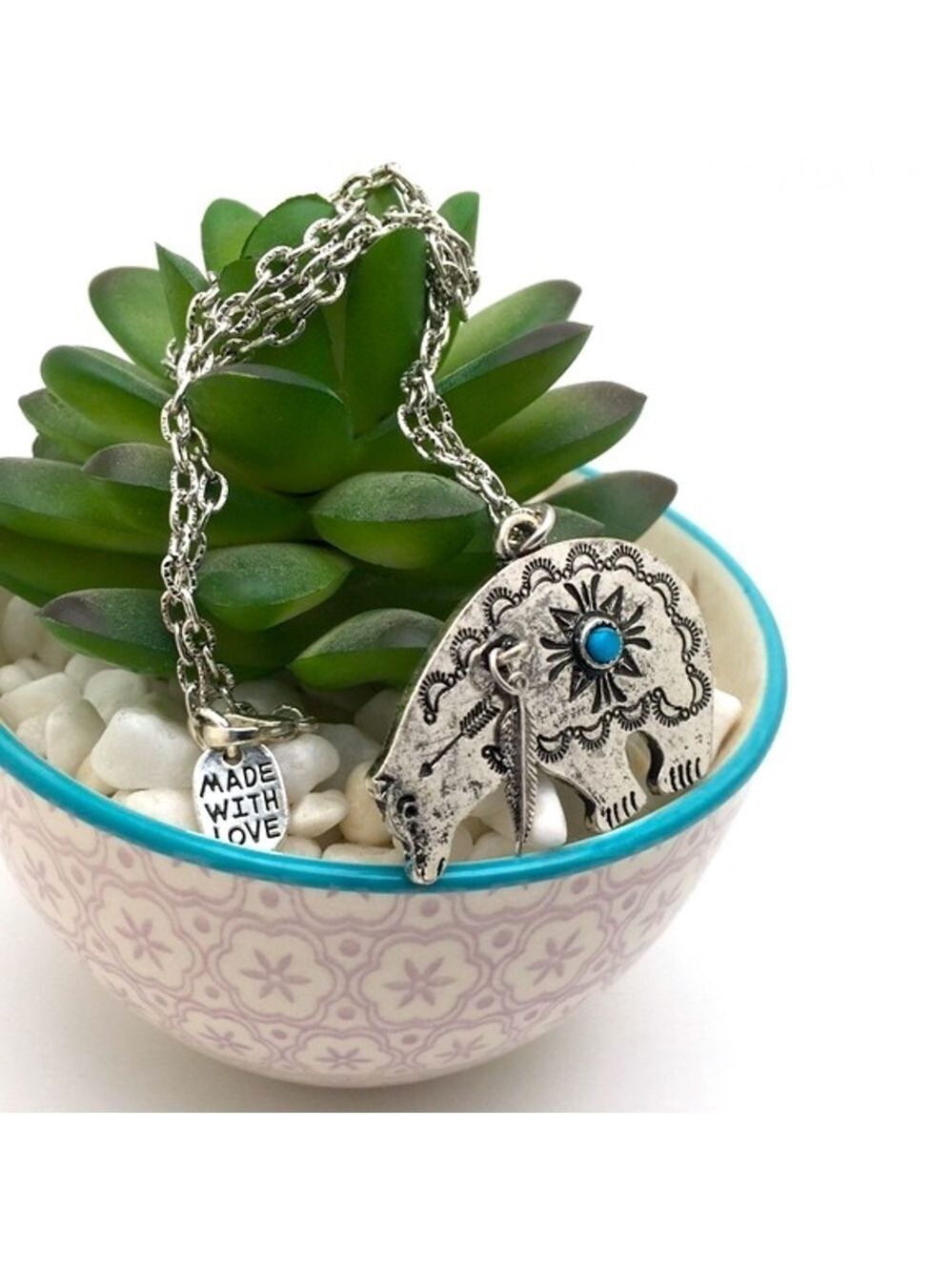Antiqued Silver Bear Pendant Turquoise Accent Necklace - Picture 9 of 9